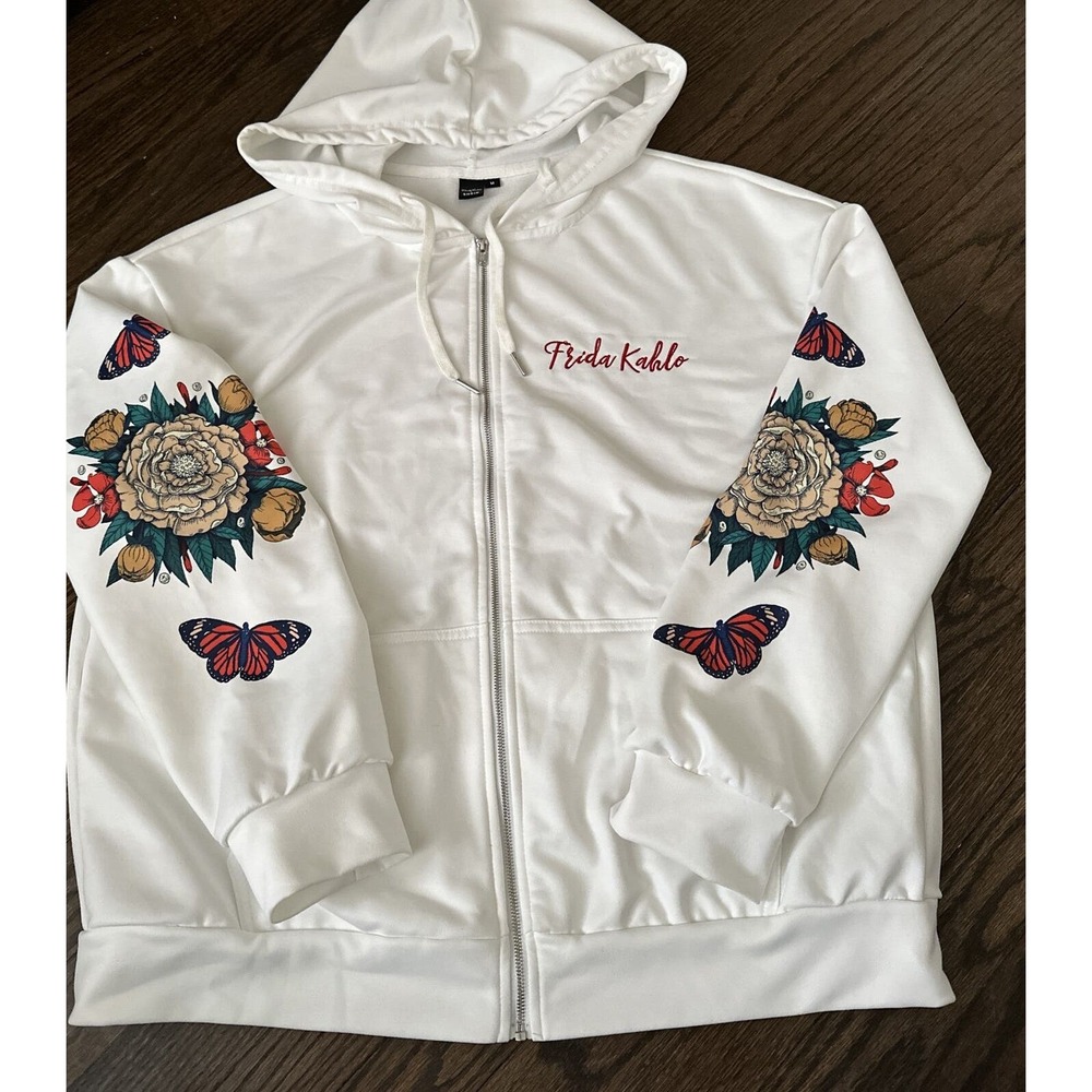 Frida Kahlo X SHEIN Hoodie Women’s Medium Figure & Floral Print Drawstring White